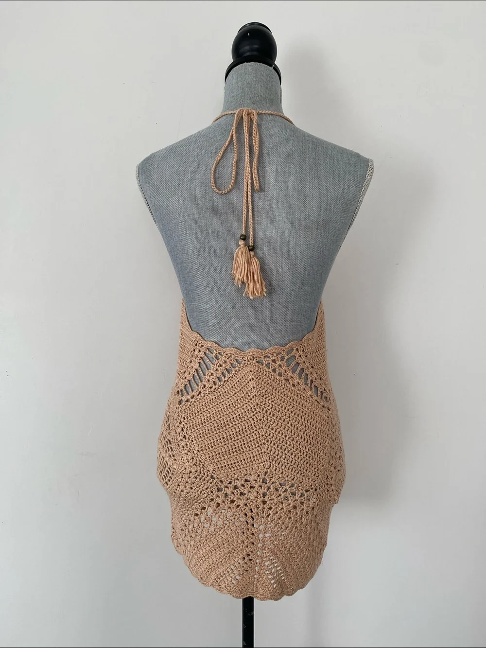 Forever 21 Beige Crochet Knit Halter Mini Dress Swim Coverup Beach Festival